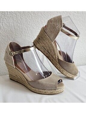 Kanna Espadrille Wedge Peep Toe Gold Ankle Strap Sandals SZ: US 6 EUR 36